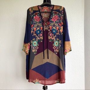 Johnny Was Ludios Tie Front Tunic Sz L Lightweight Floral Block Color Geometric